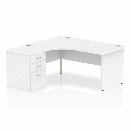 Impulse 1600mm Left Hand Curved Desk White, Wooden Panel Legs inc 3 Drawer Desk High Pedestal Ref I000586 OE