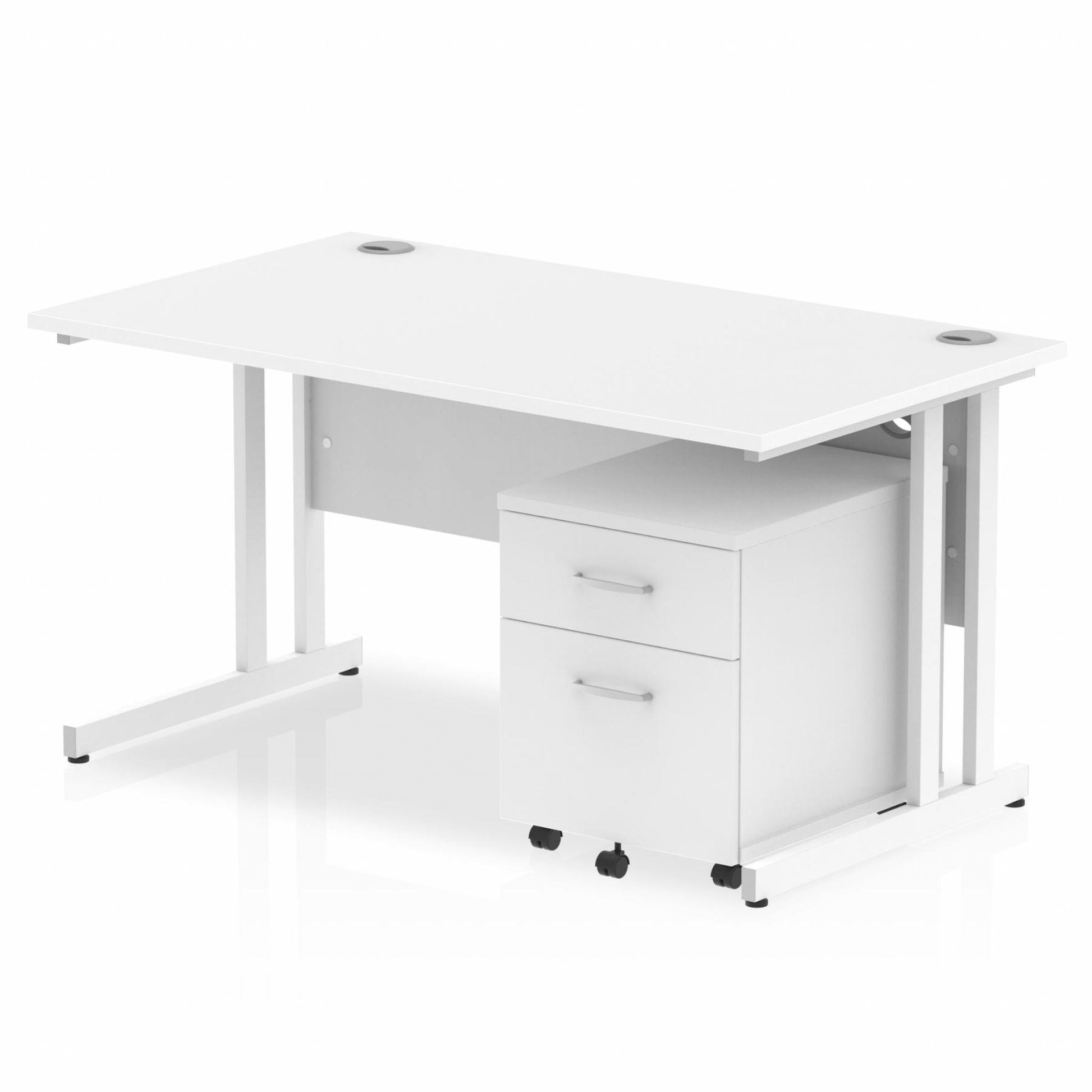 White straight desk with drawers on a white background