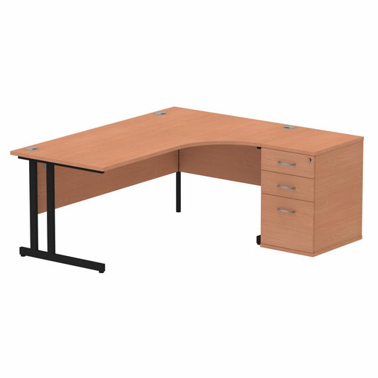 Impulse 1800mm Right Hand Curved Desk Beech, Black Cantilver Legs inc 3 Drawer Desk High Pedestal Ref I004434 OE