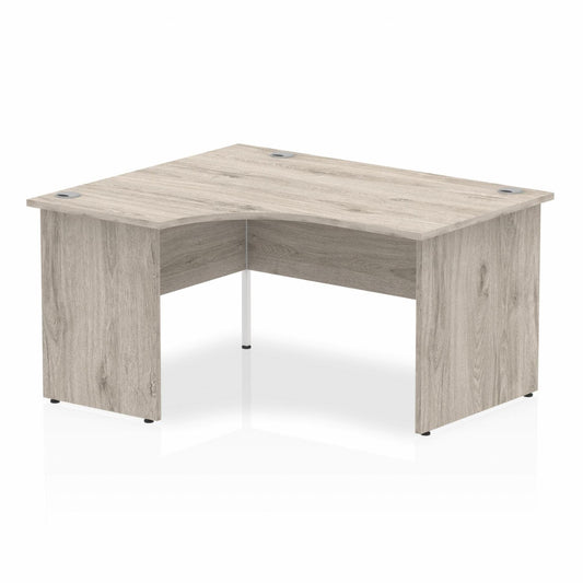 Impulse 1400mm Left Hand Curved Desk, Grey Oak Top with Wooden Panel Legs