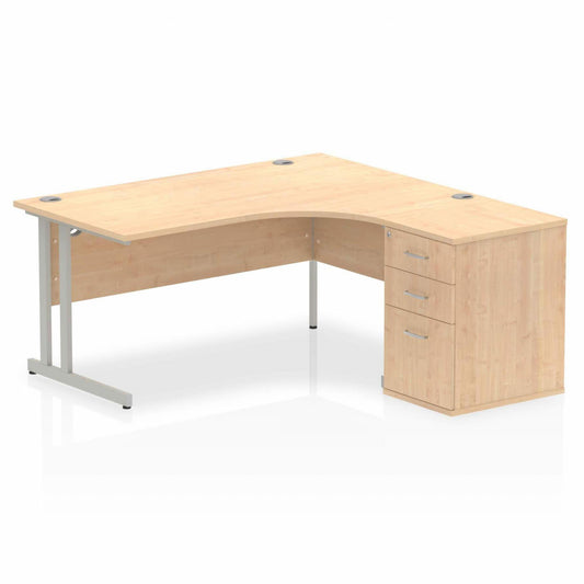 Impulse 1600mm Right Hand Curved Desk, Maple Top with Silver Cantilver Legs inc 3 Drawer Desk, High Pedestal