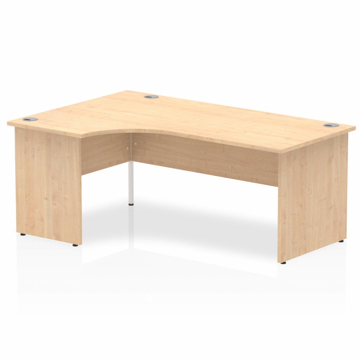Maple L-shaped desk with drawers on a white background