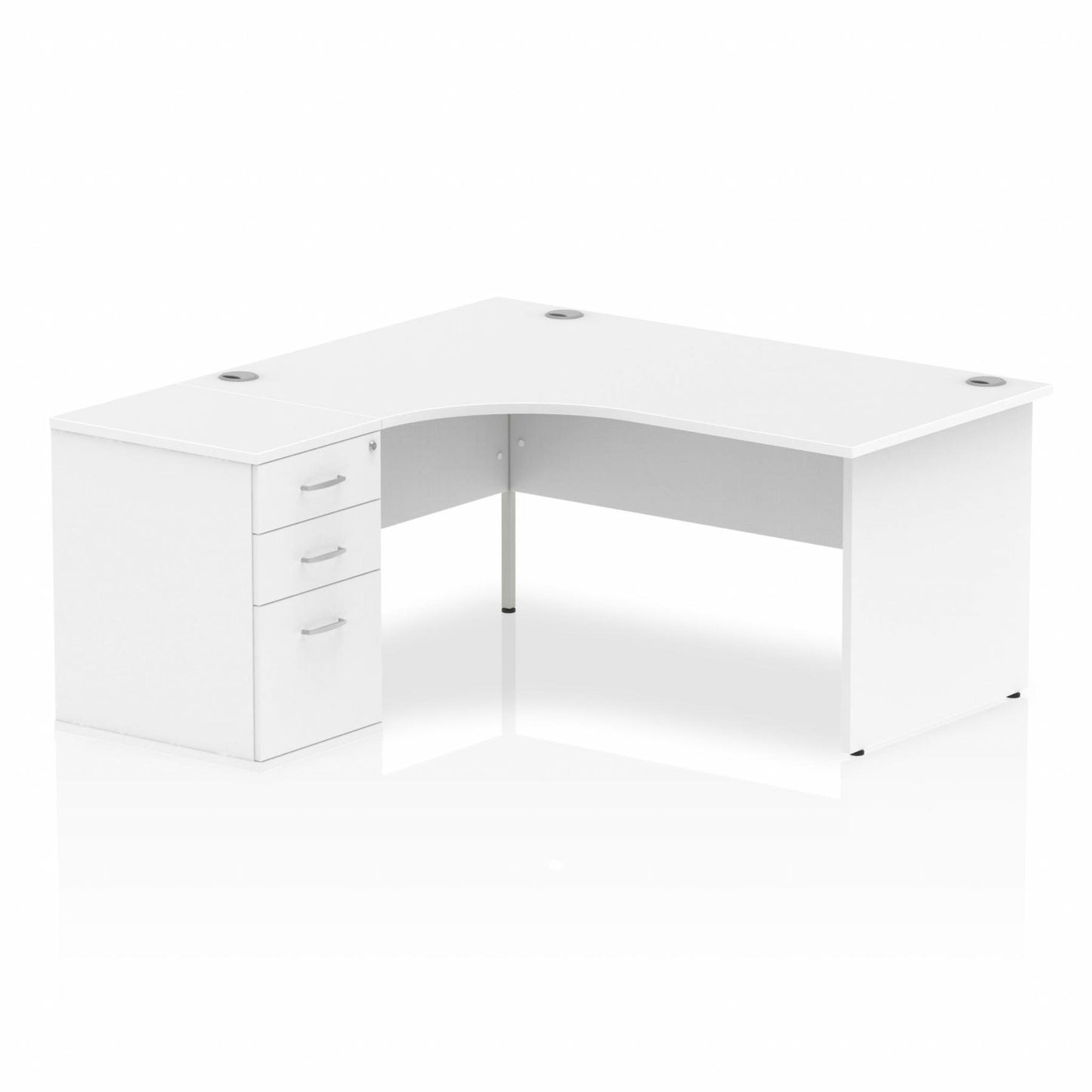 Impulse 1600mm Left Hand Curved Desk, White Top with Wooden Panel Legs inc 3 Drawer Desk High Pedestal