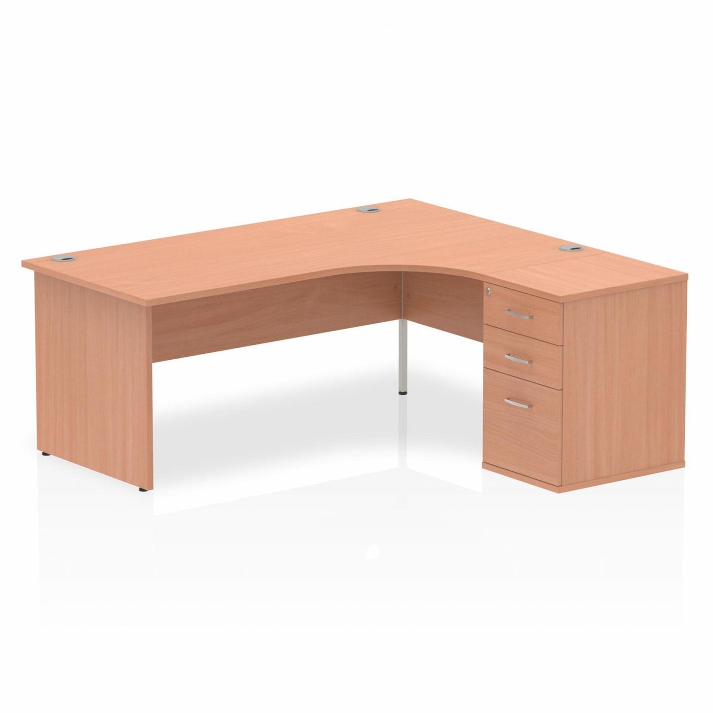 Beech L-shaped desk with drawers on a white background
