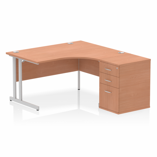 Impulse 1400mm Right Hand Curved Desk Beech Silver Cantilver Legs inc 3 Drawer Desk High Pedestal Ref I004252 OE