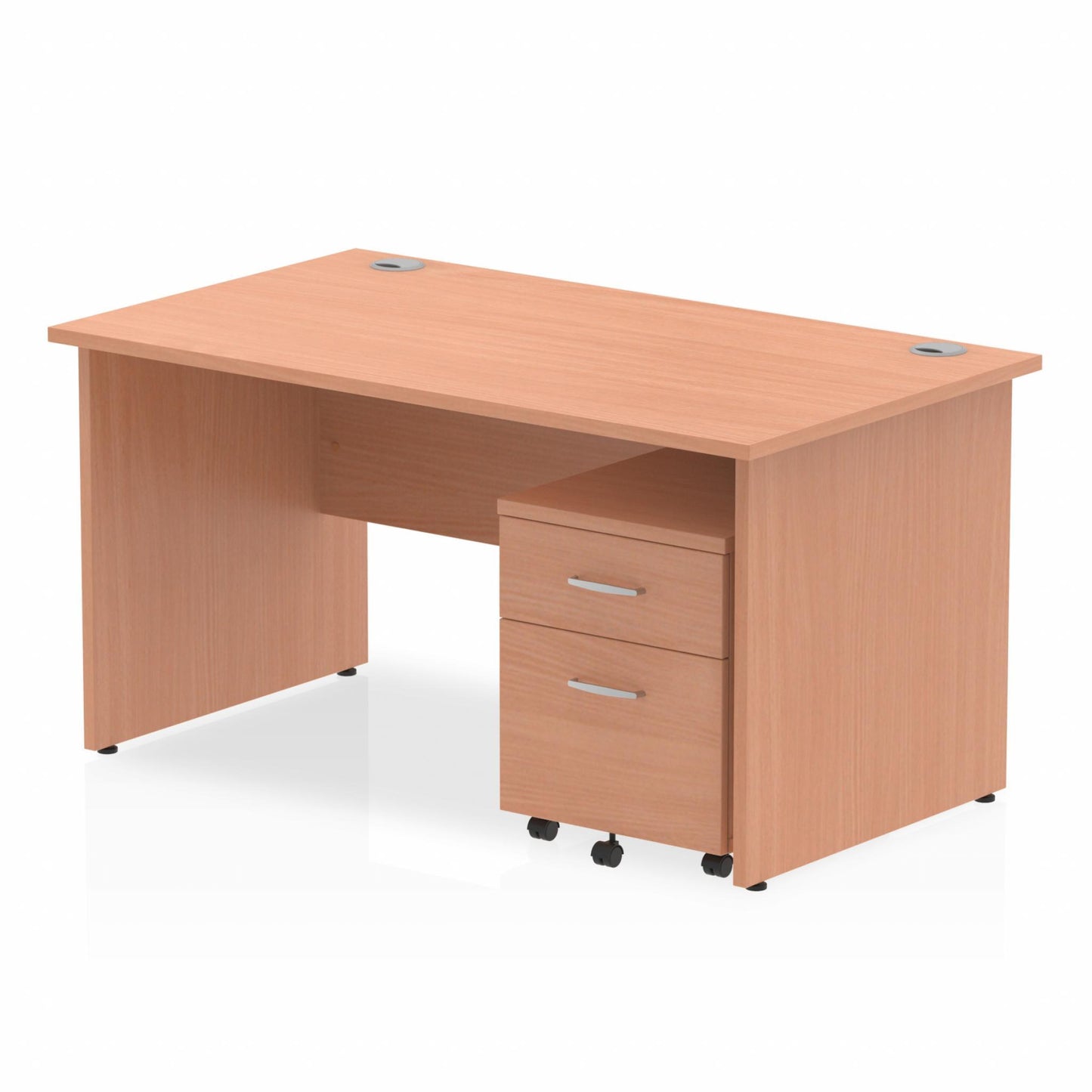 Beech straight desk with drawers on a white background