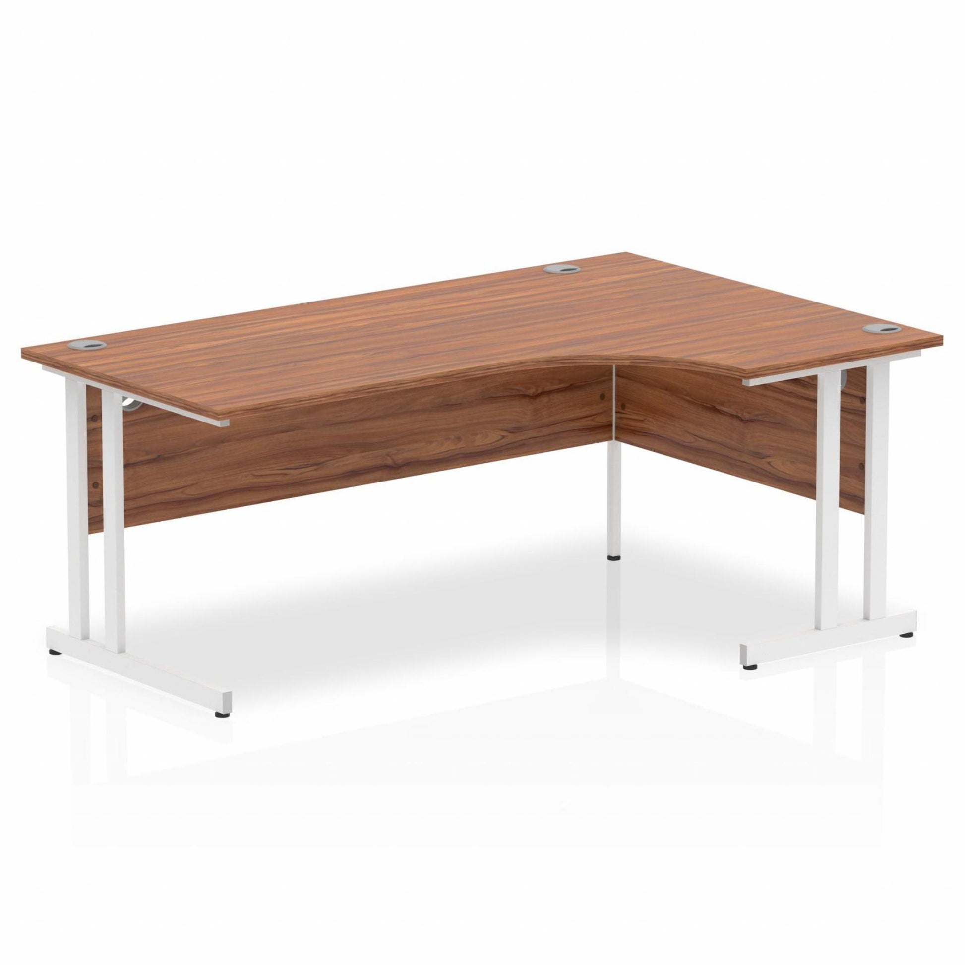 Walnut L-shaped desk with drawers on a white background