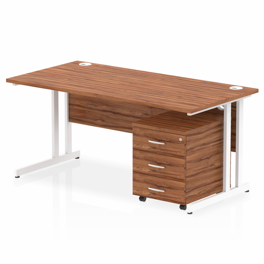 Impulse 1600mm Straight Desk Walnut Top White Cantilever Legs & 3 Drawer Pedestal