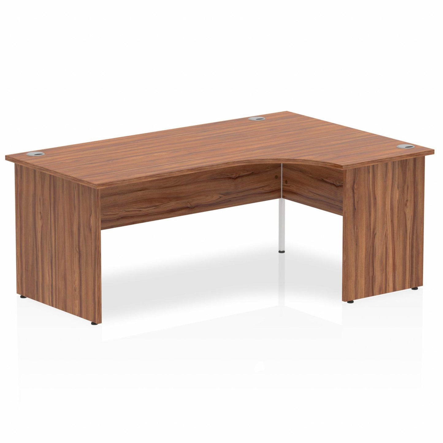 Walnut L-shaped desk with drawers on a white background