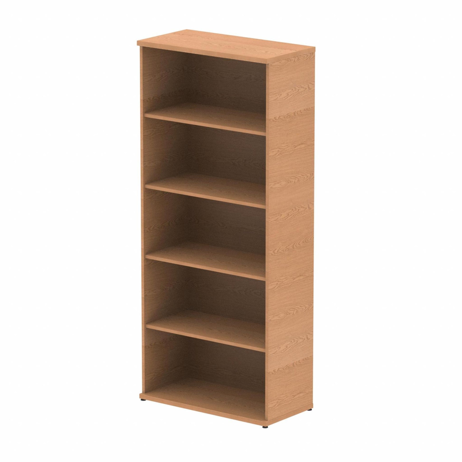 Wooden bookcase with four shelves on a white background