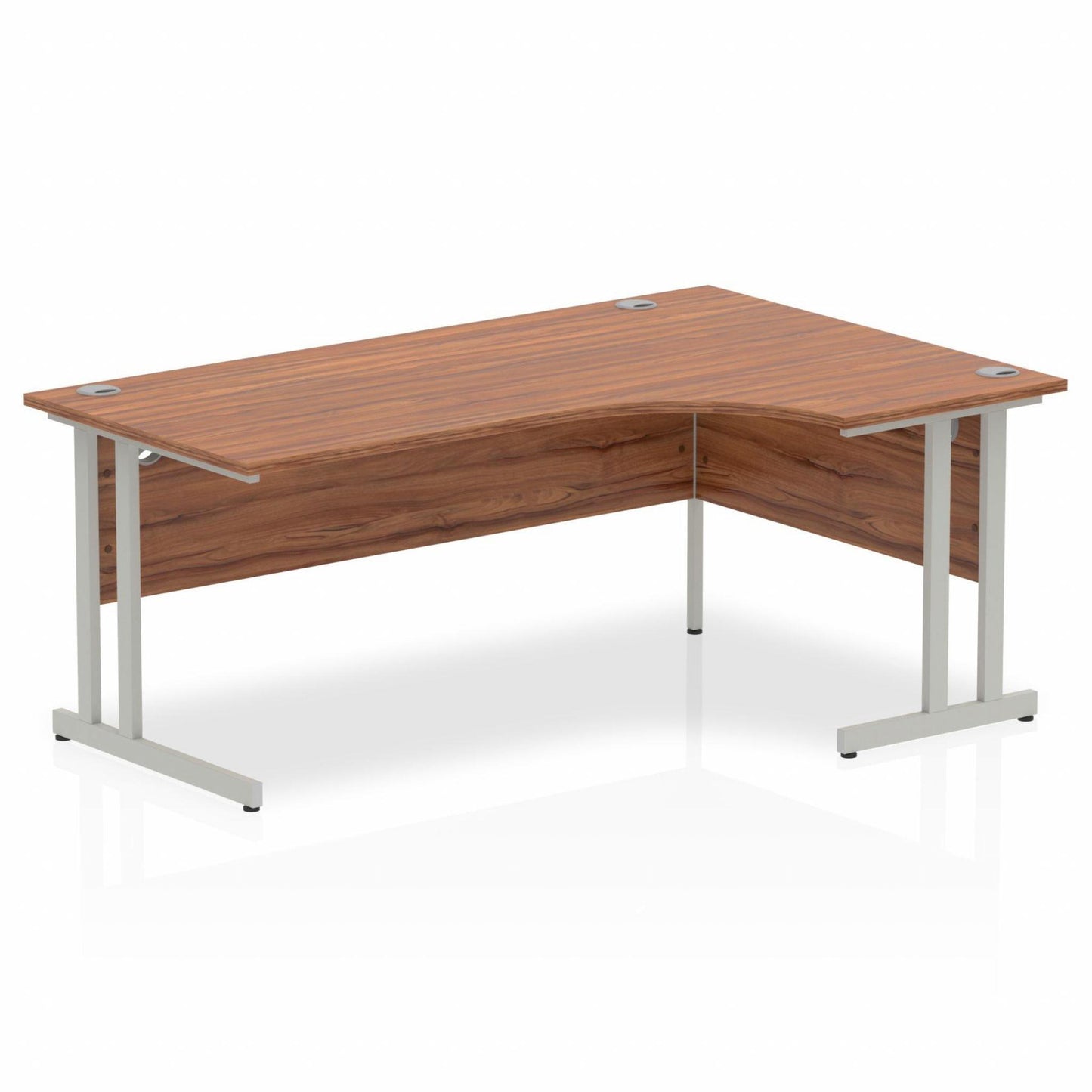 Walnut L-shaped desk with drawers on a white background