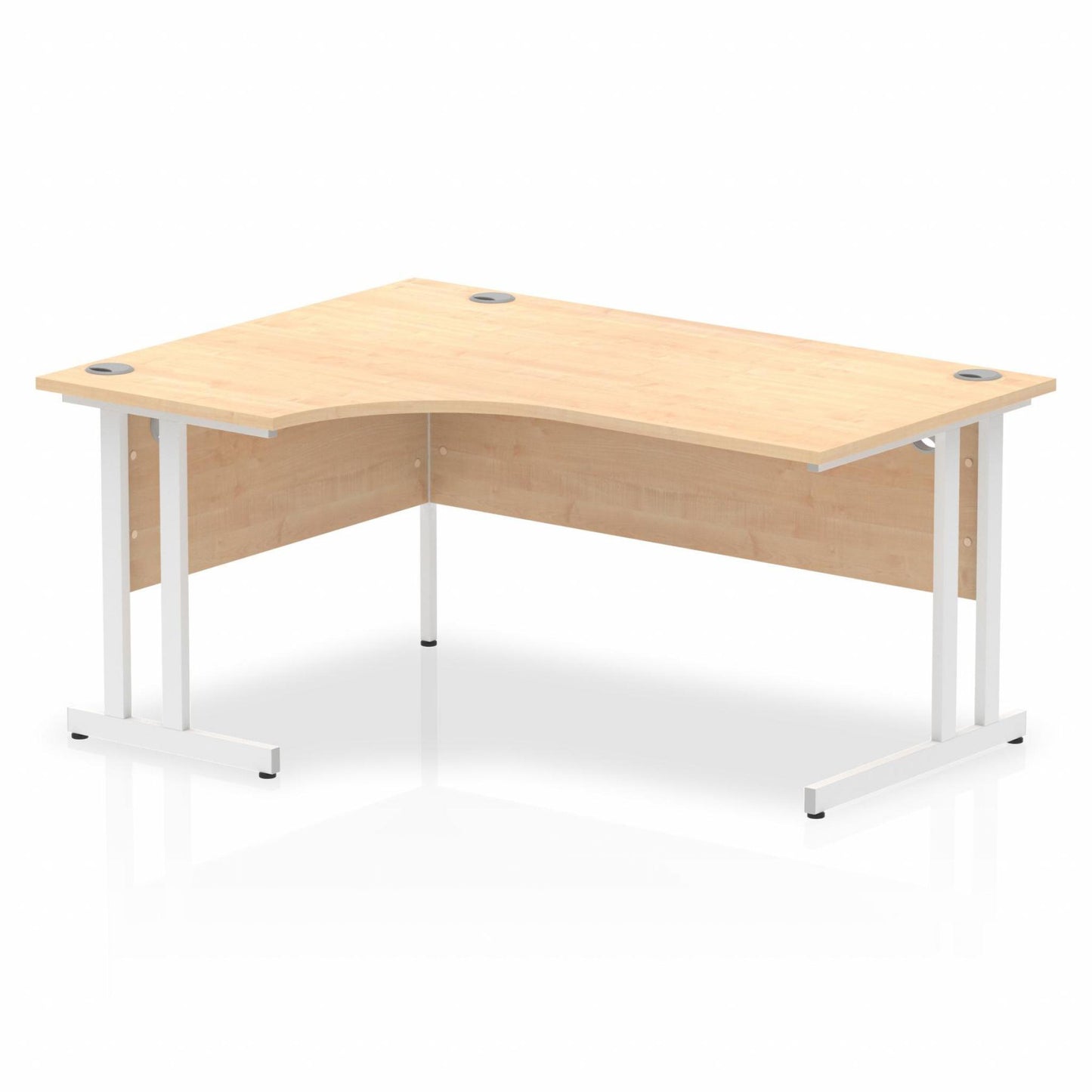 Maple L-shaped desk with drawers on a white background