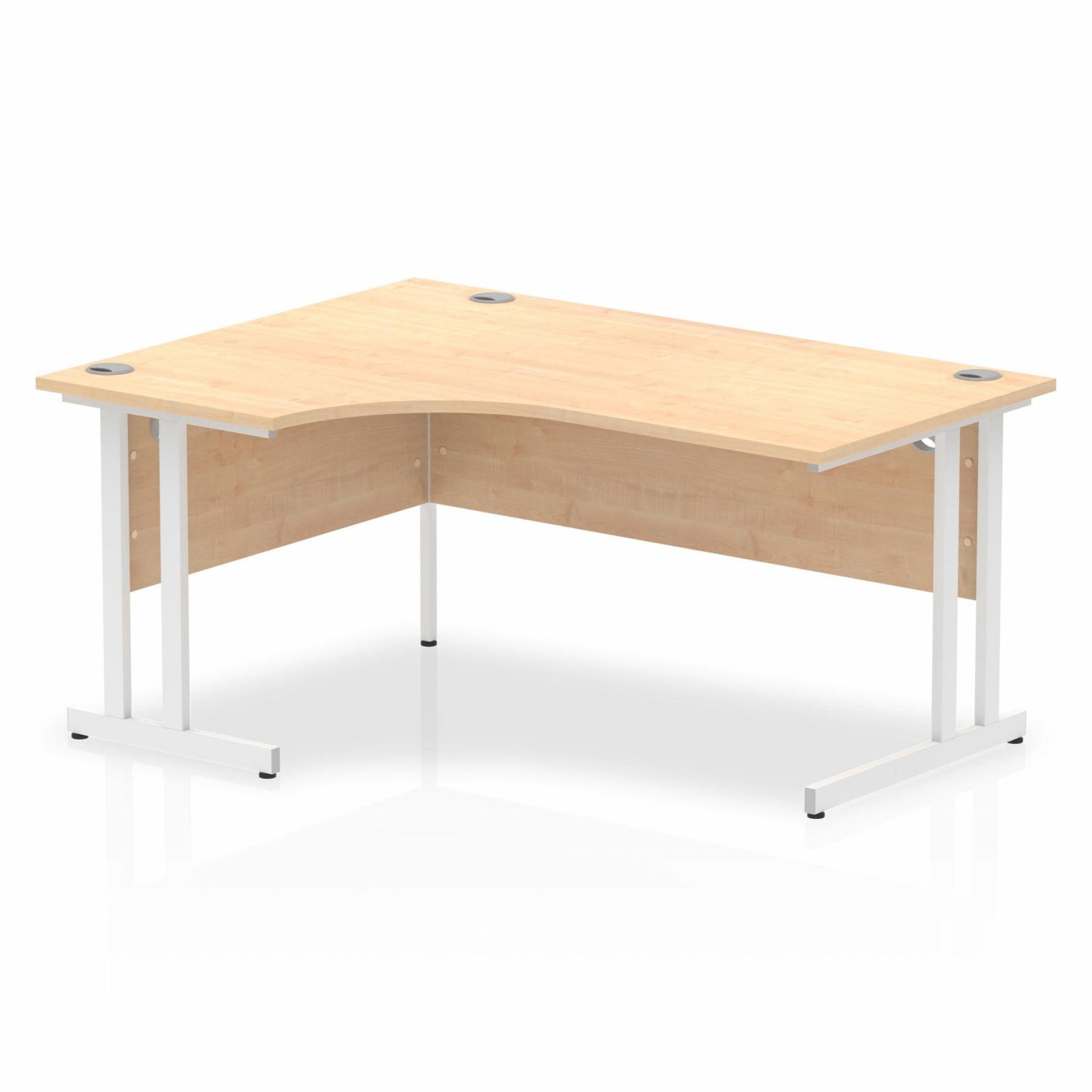 Maple L-shaped desk with drawers on a white background