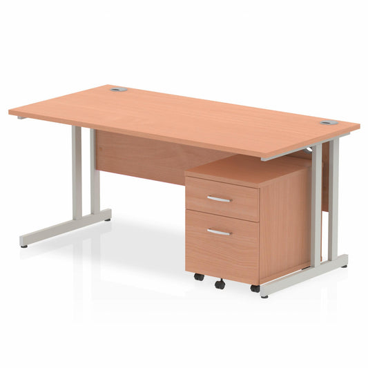 1600mm Straight Desk Beech Top Silver Cantilever Legs & 2 Drawer Ped D.F.