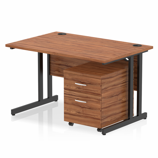 1200mm Straight Desk Walnut Top Black Cantilever Legs & 2 Drawer Ped D.F.