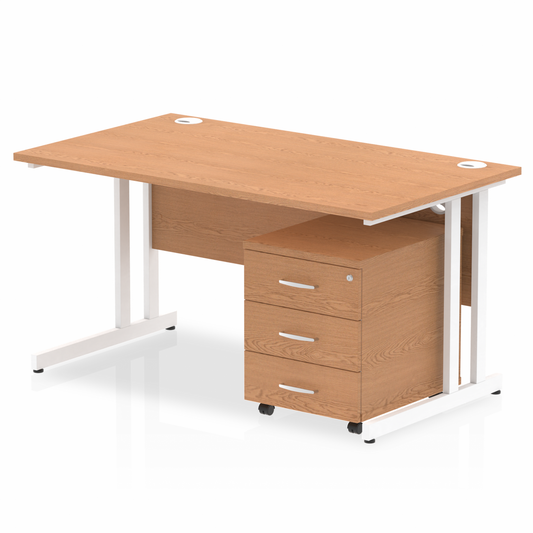 Impulse 1400mm Straight Desk Oak Top White Cantilever Legs & 3 Drawer Pedestal