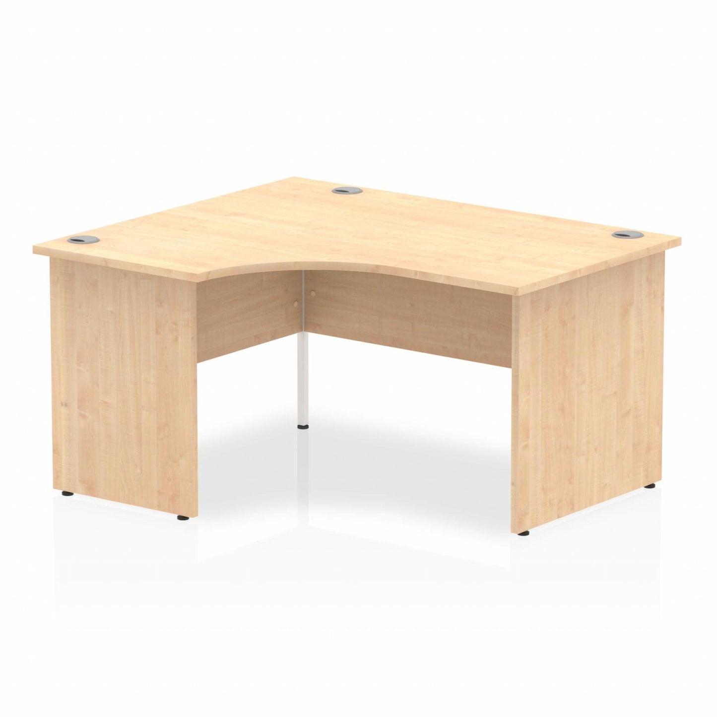 Maple L-shaped desk with drawers on a white background