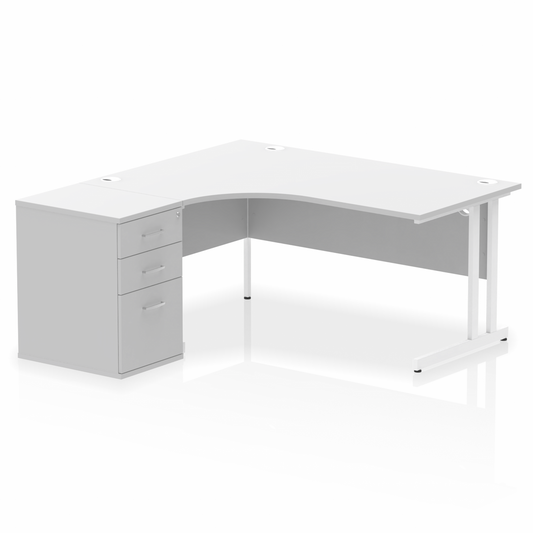 Impulse 1600mm Left Hand Curved Desk White, White Cantilver Legs inc 3 Drawer Desk High Pedestal Ref I004154 OE