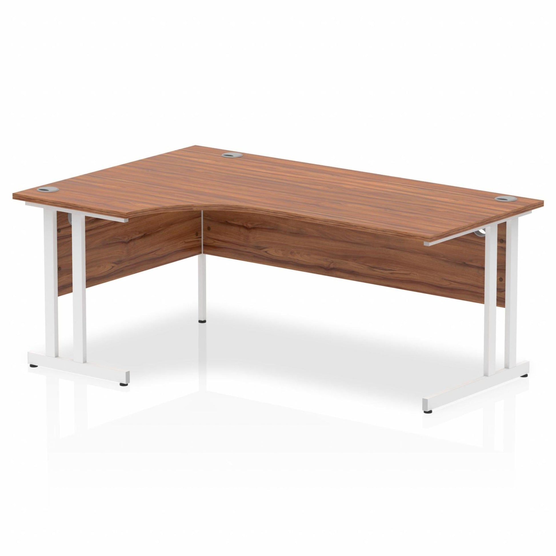 Walnut L-shaped desk with drawers on a white background