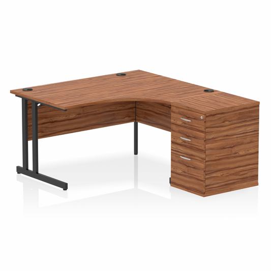 Impulse 1400mm Right Hand Curved Desk Walnut Black Cantilver Legs inc 3 Drawer Desk High Pedestal Ref I004463 OE