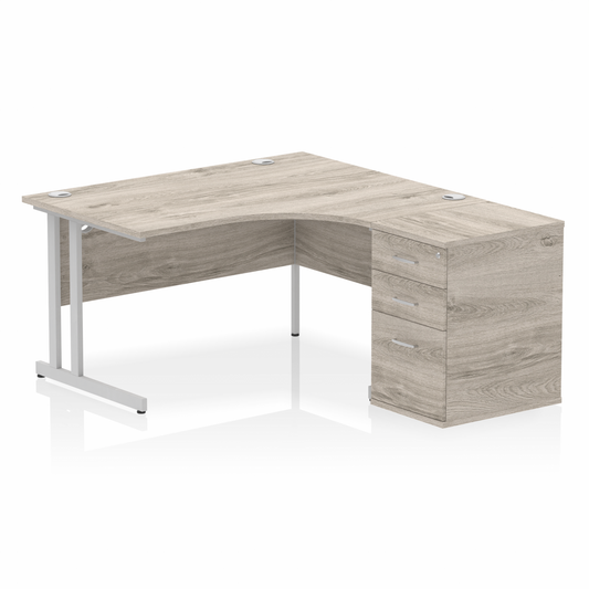 Impulse 1400mm Right Hand Curved Desk Grey, Silver Cantilver Legs inc 3 Drawer Desk High Pedestal Ref I004257 OE