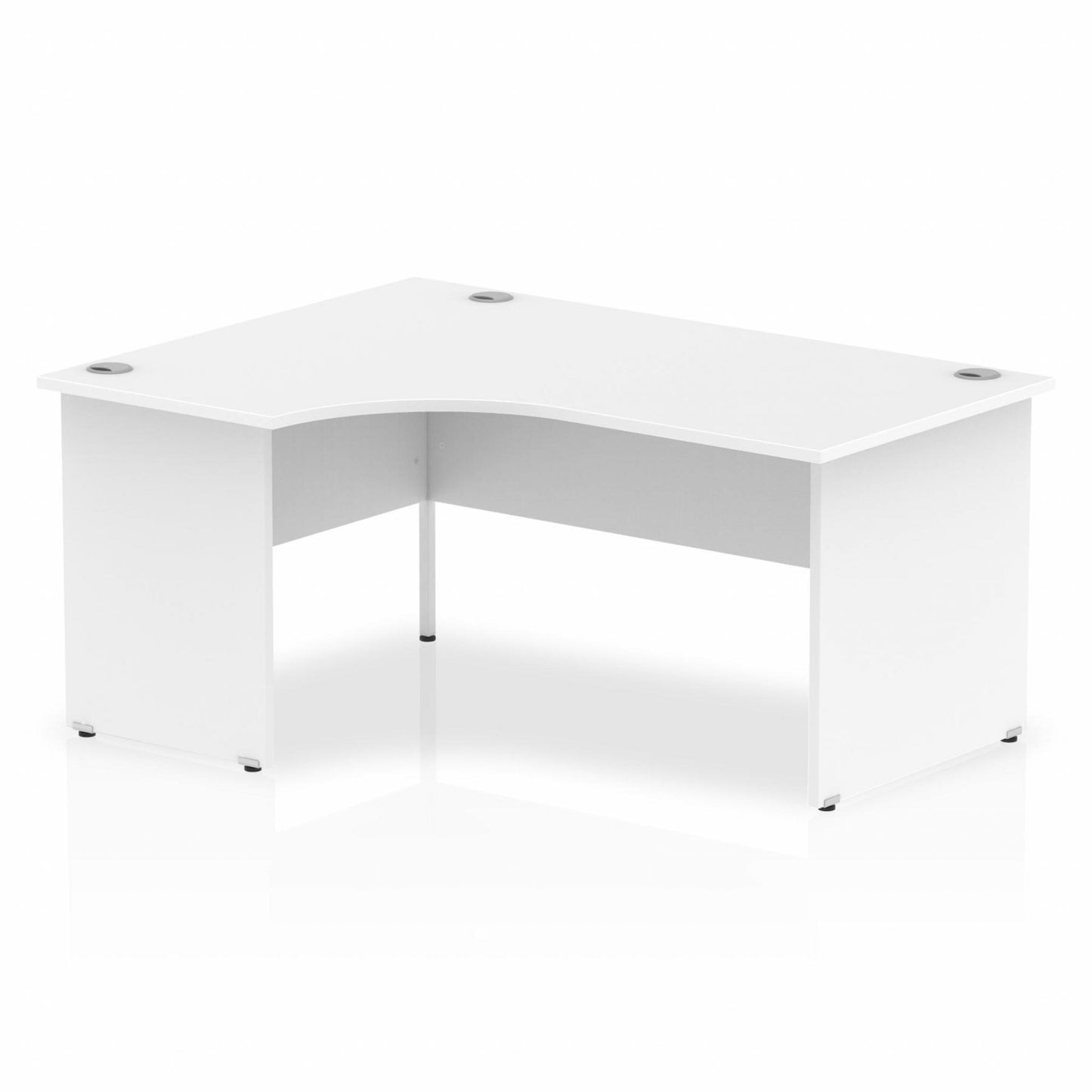 Impulse 1600mm Left Hand Curved Desk, White Top with Wooden Panel Legs