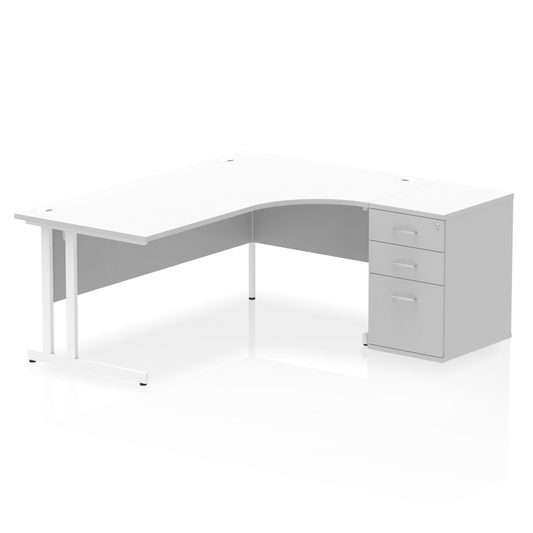 Impulse 1800mm Right Hand Curved Desk White, White Cantilever Legs inc 3 Drawer Desk High Pedestal Ref I004166 OE