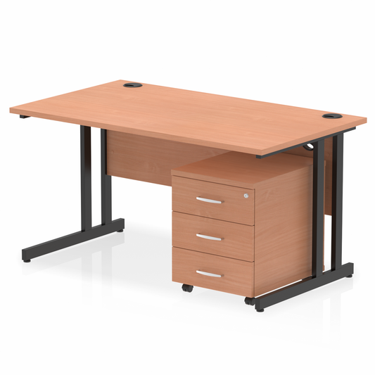 Impulse 1400mm Straight Desk Beech Top Black Cantilever Legs & 3 Drawer Pedestal