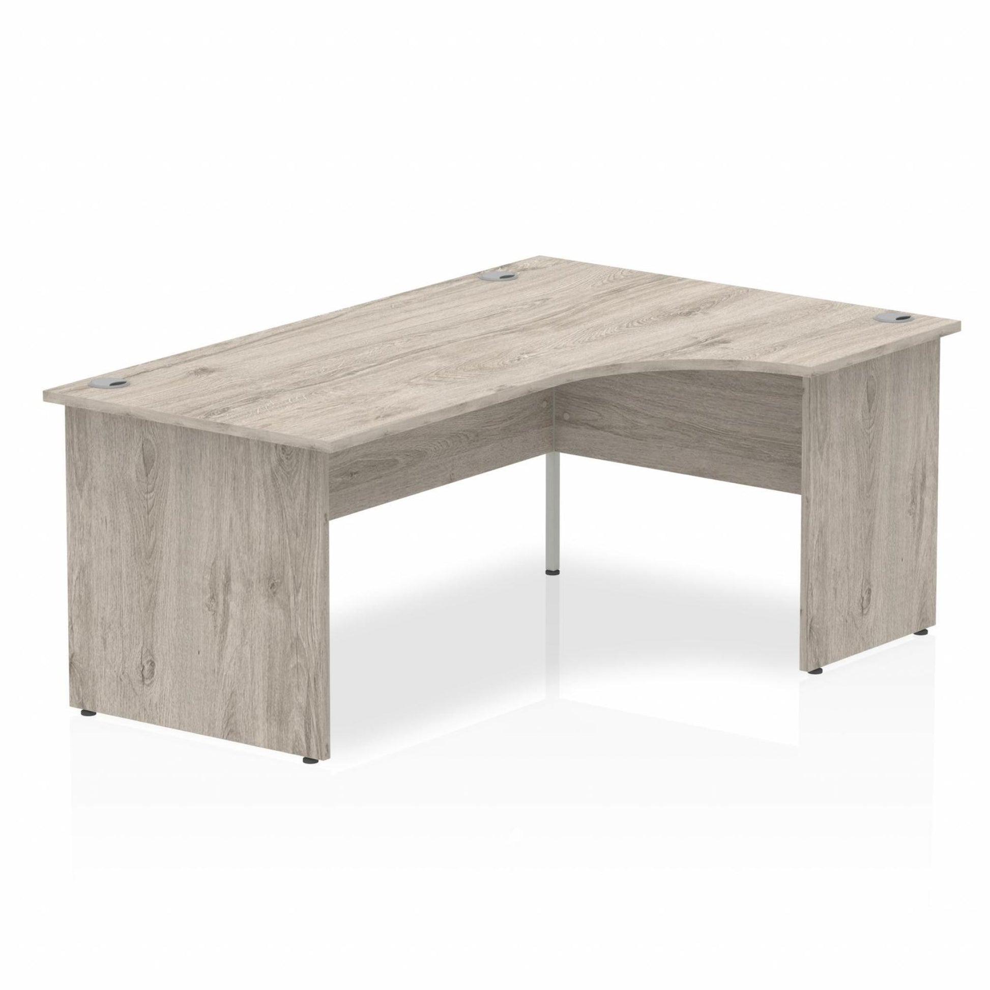 Grey oak L-shaped desk with drawers on a white background
