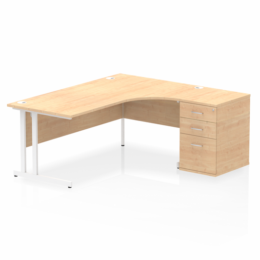 Impulse 1800mm Right Hand Curved Desk Maple, White Cantilver Legs inc 3 Drawer Desk High Pedestal Ref I004142 OE