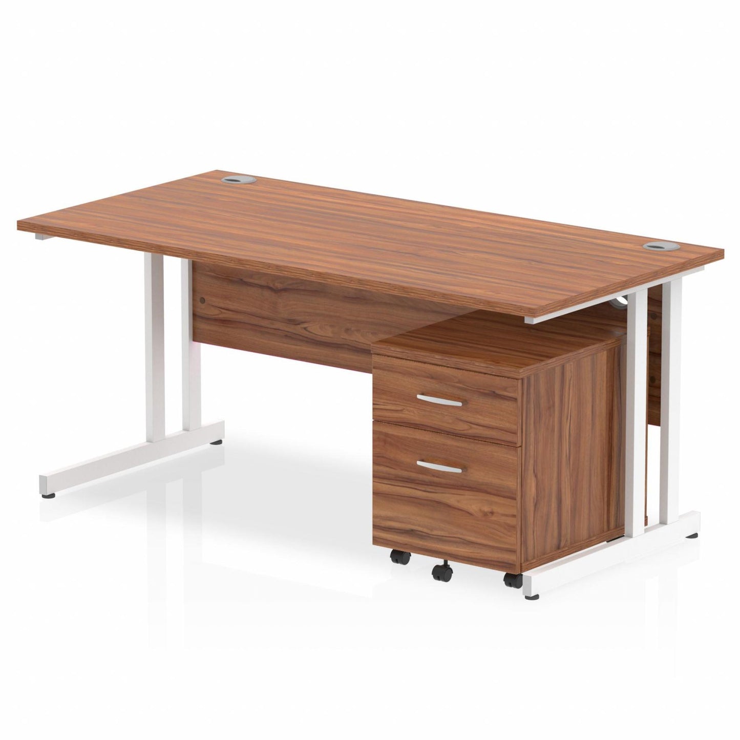 Walnut straight desk with drawers on a white background