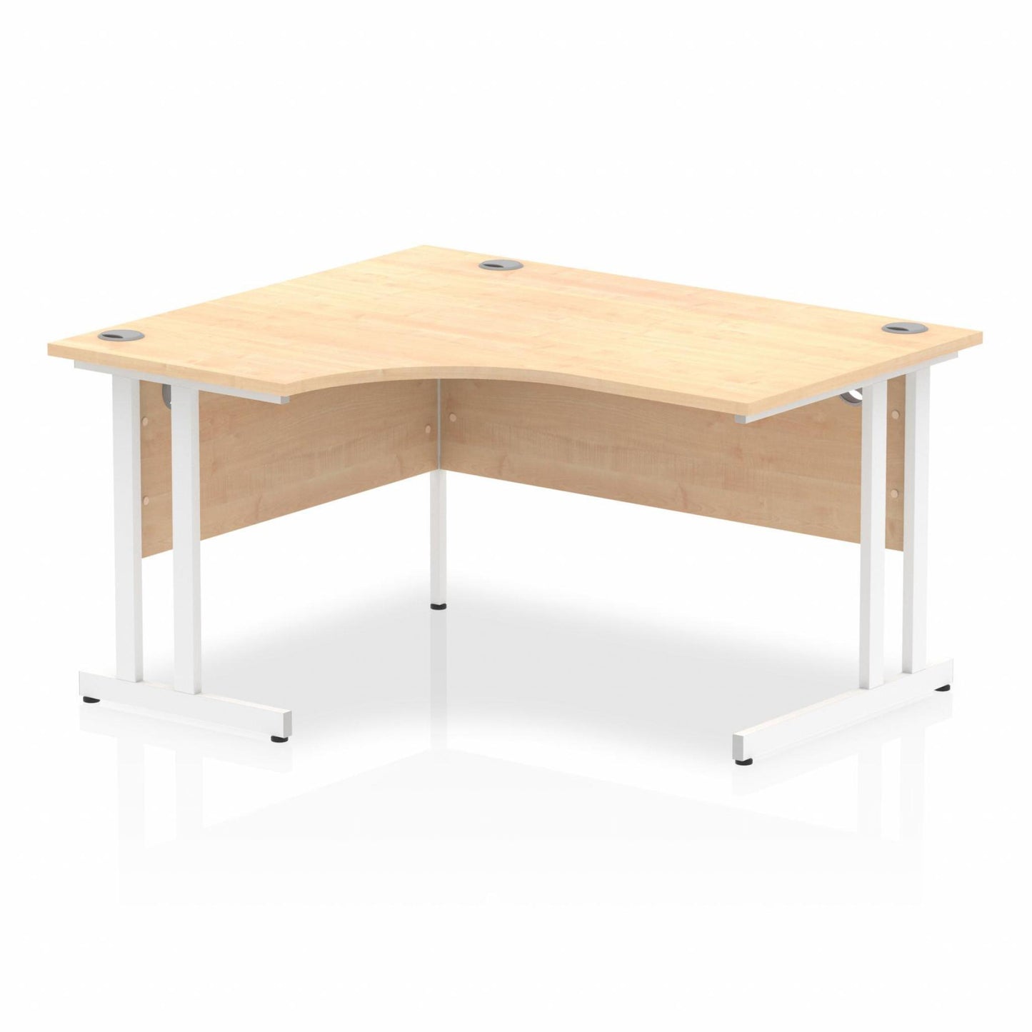 Maple L-shaped desk with drawers on a white background
