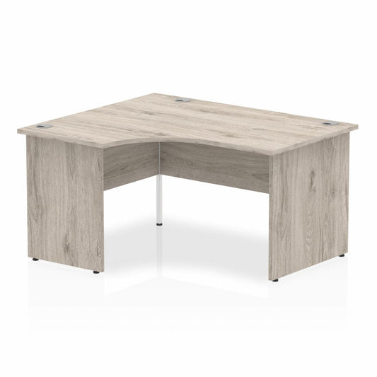 Impulse 1400mm Left Hand Curved Desk with Wooden Panel End Legs Grey Oak Ref I003867 OE