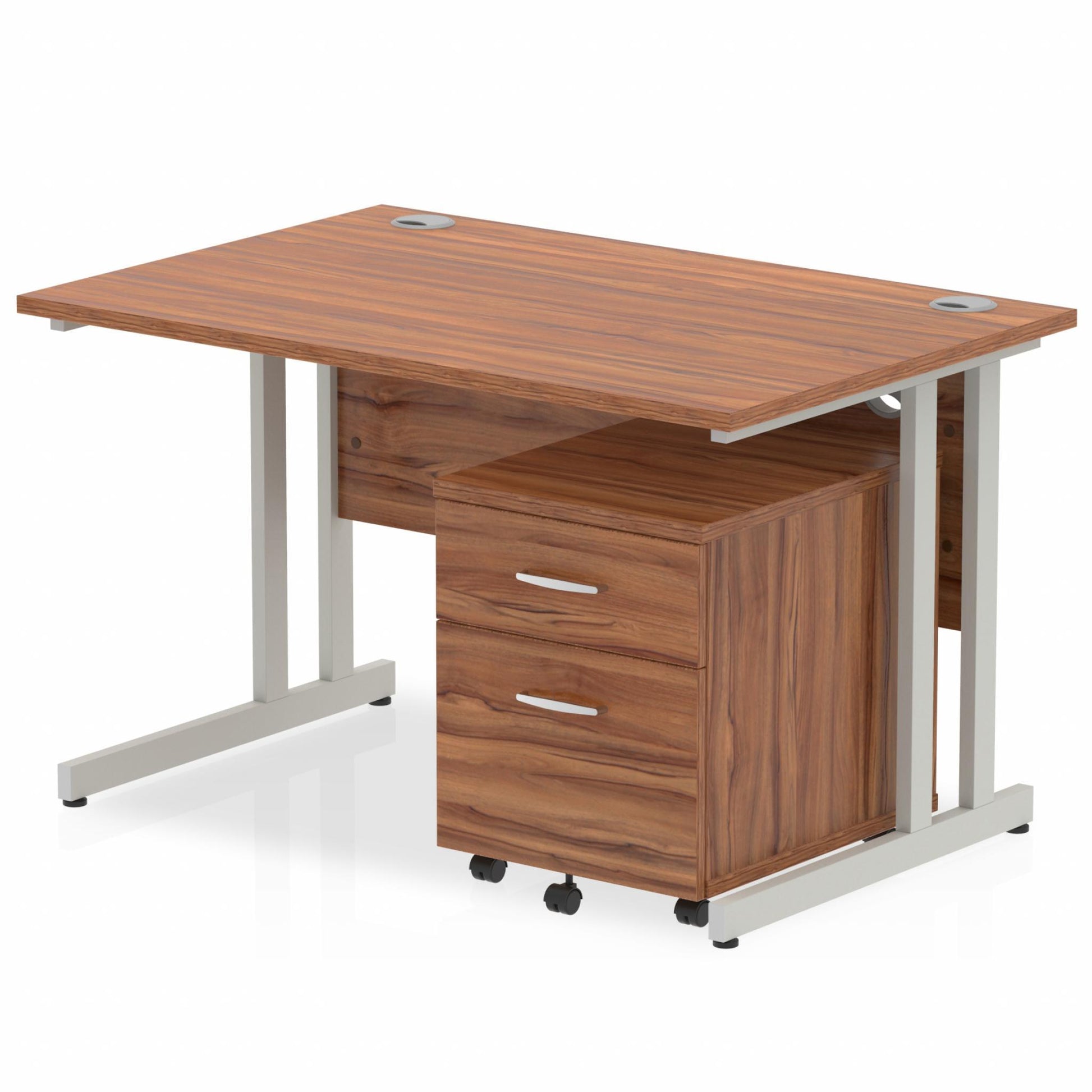 Walnut straight desk with drawers on a white background