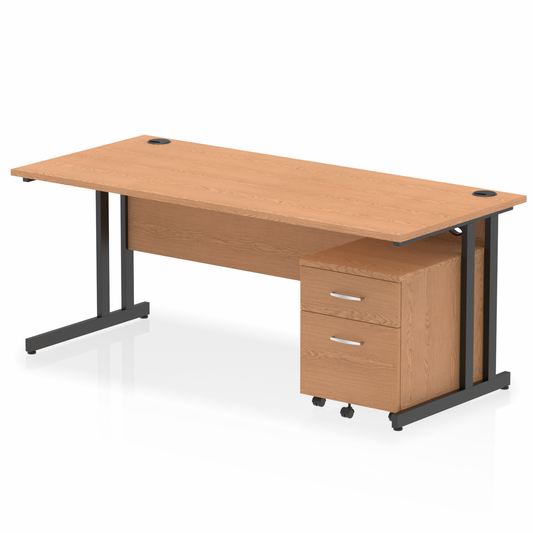 Impulse 1800mm Straight Desk Oak Top Black Cantilever Legs & 2 Drawer Pedestal