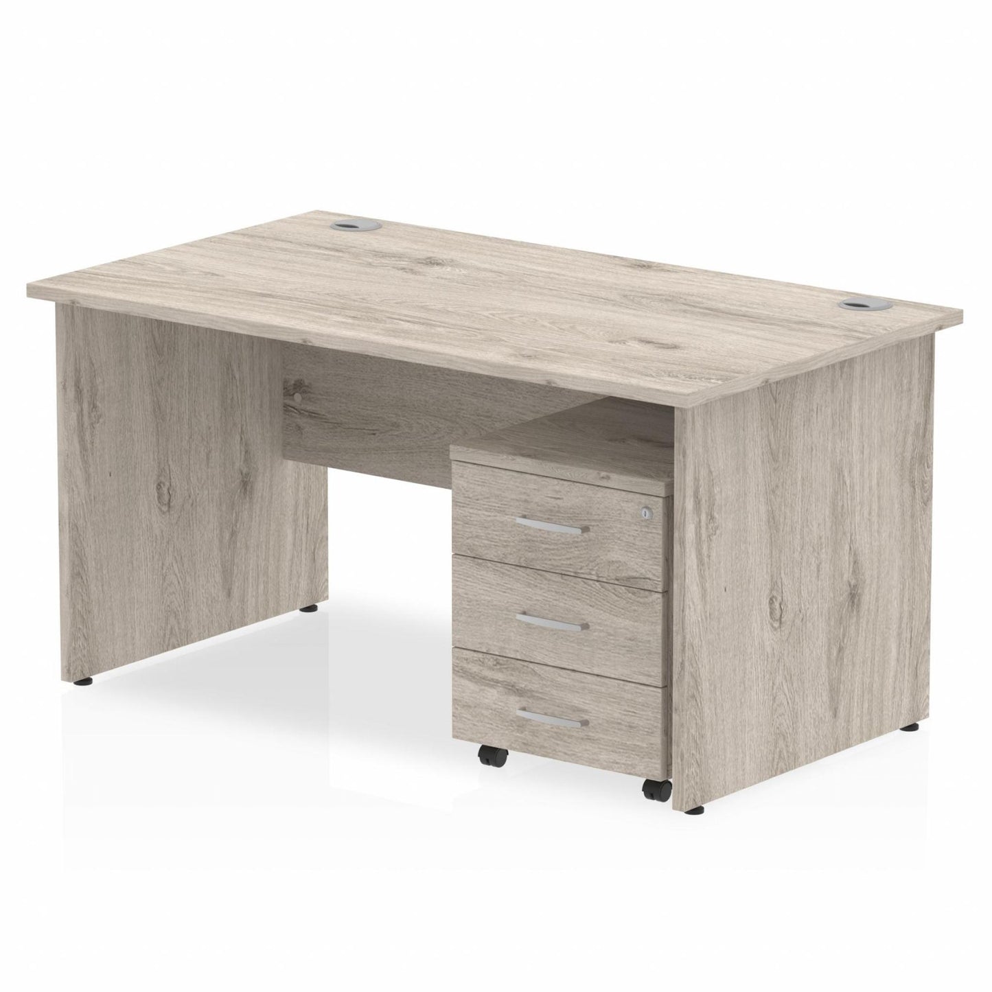 Impulse 1400mm Straight Desk Grey Oak Top Wooden Panel Legs & 3 Drawer Pedestal