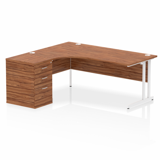 Impulse 1800mm Left Hand Curved Desk Walnut, White Cantilver Legs inc 3 Drawer Desk High Pedestal Ref I004130 OE