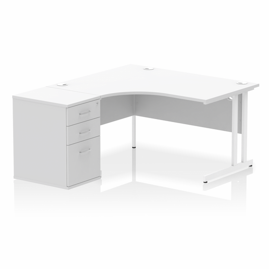 Impulse 1400mm Left Hand Curved Desk White, White Cantilver Legs inc 3 Drawer Desk High Pedestal Ref I004250 OE