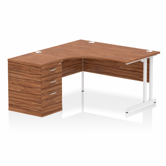 Impulse 1400mm Left Hand Curved Desk Walnut, White Cantilver Legs inc 3 Drawer Desk High Pedestal Ref I004249 OE