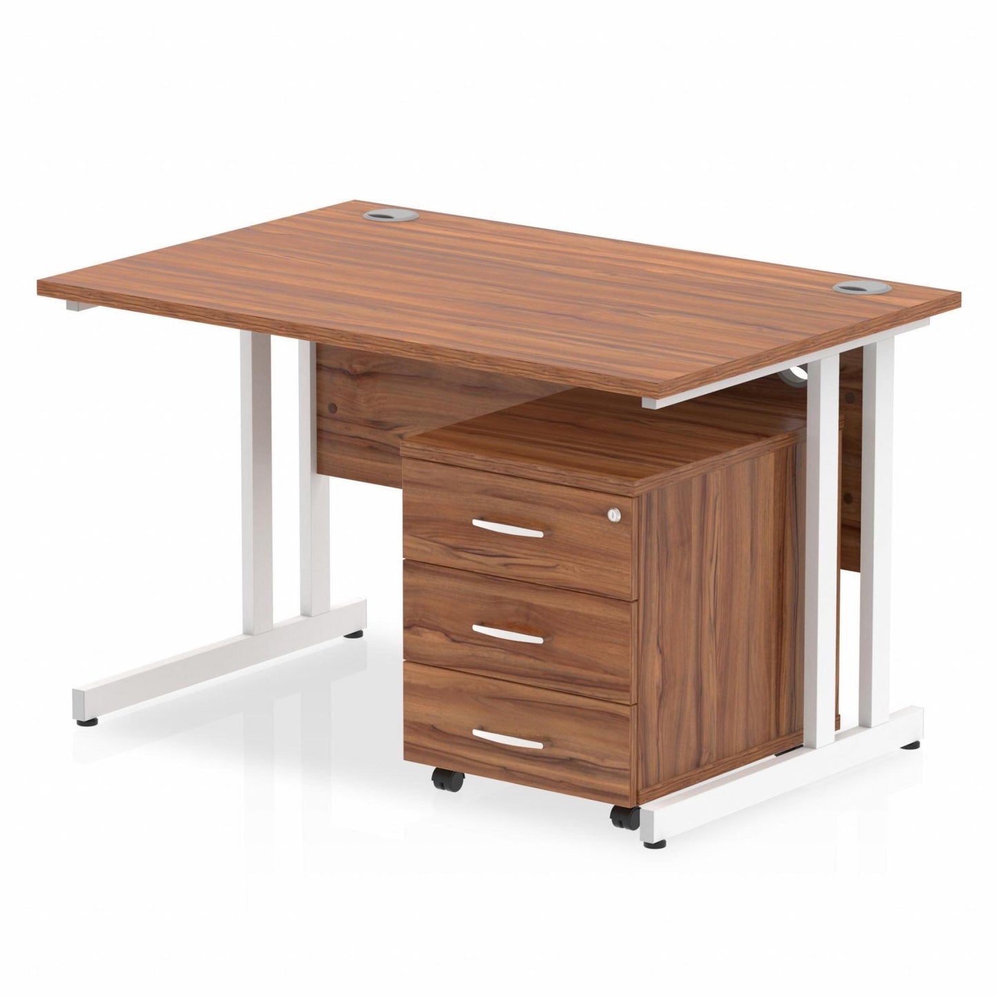 Walnut straight desk with drawers on a white background