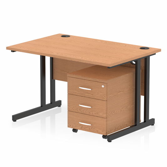 Impulse 1200mm Straight Desk Oak Top Black Cantilever Legs & 3 Drawer Pedestal