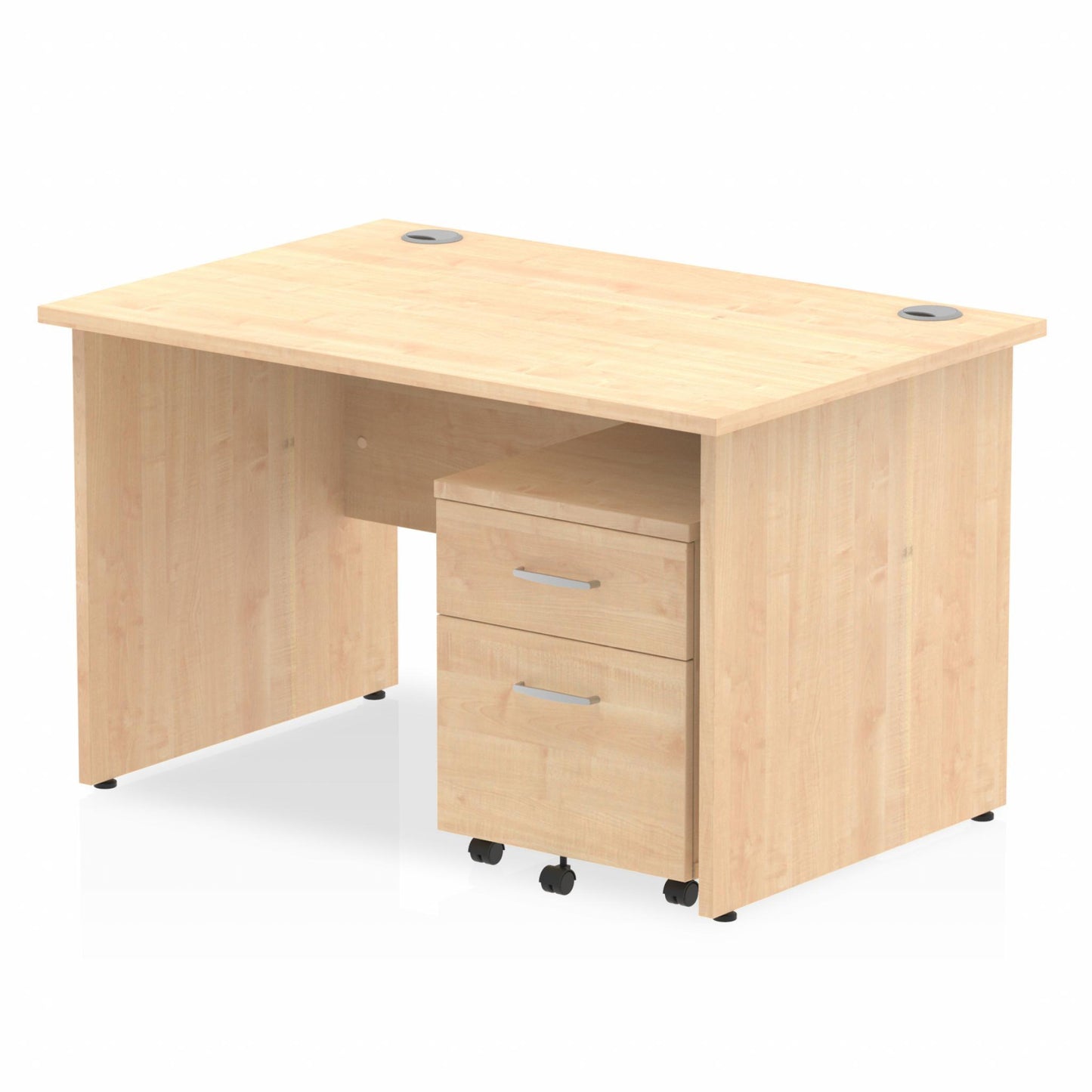 Maple straight desk with drawers on a white background