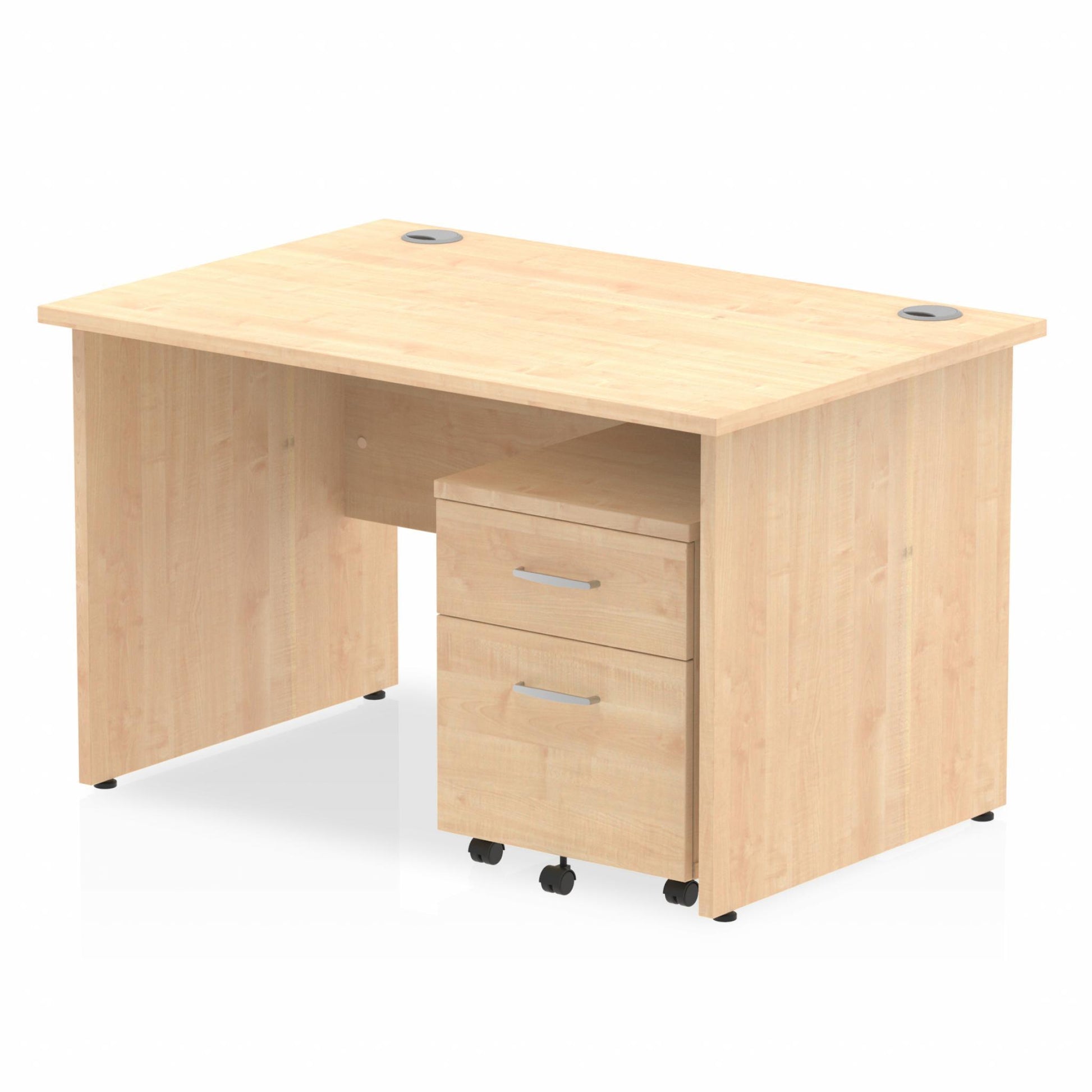 Maple straight desk with drawers on a white background
