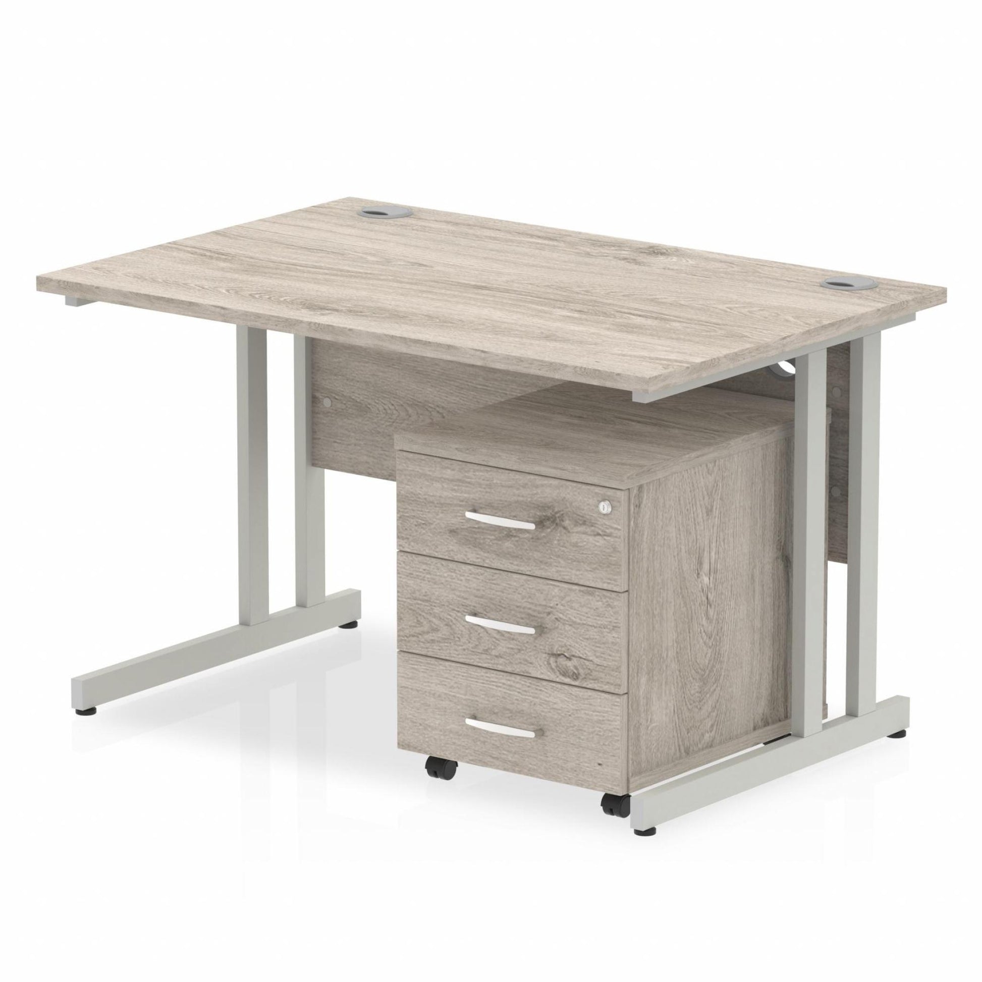 Grey oak straight desk with drawers on a white background