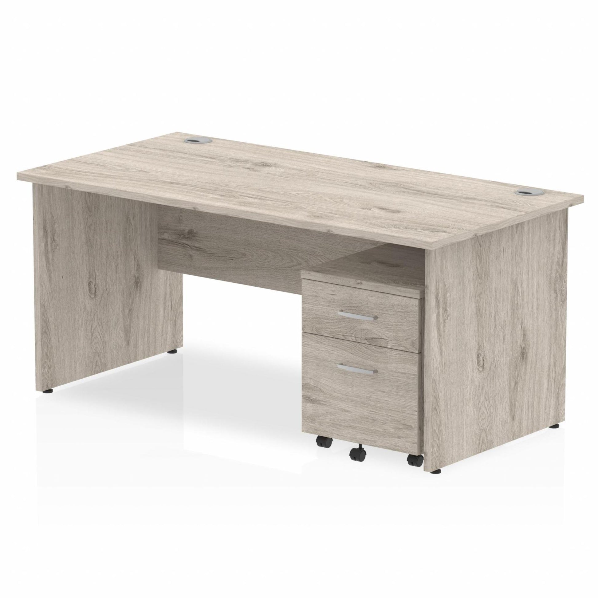 Grey oak straight desk with drawers on a white background