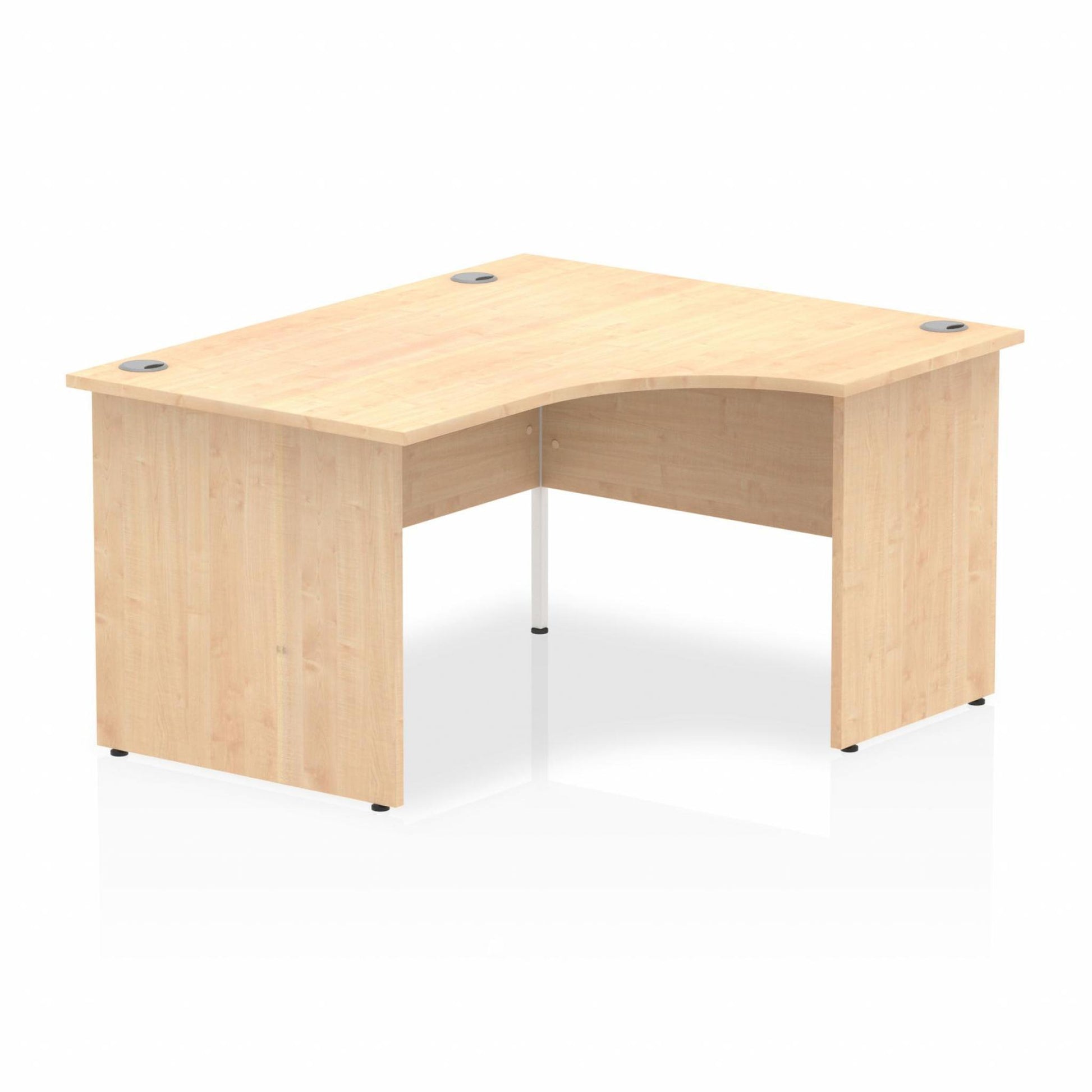 Maple L-shaped desk with drawers on a white background