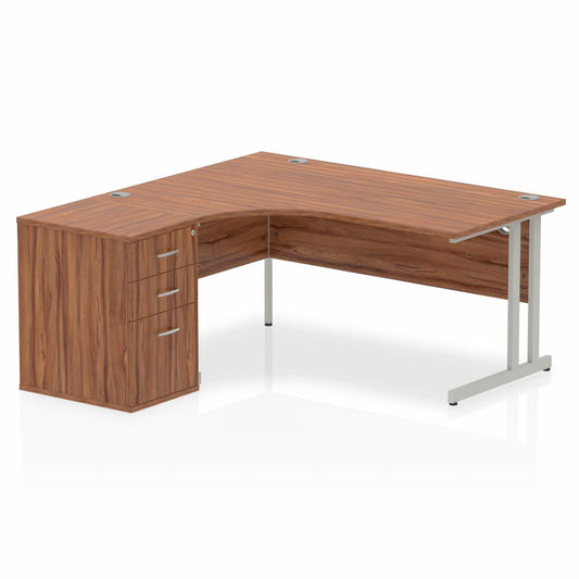 Impulse 1600mm Left Hand Curved Desk, Walnut Top with Silver Cantilver Legs inc 3 Drawer Desk High Pedestal