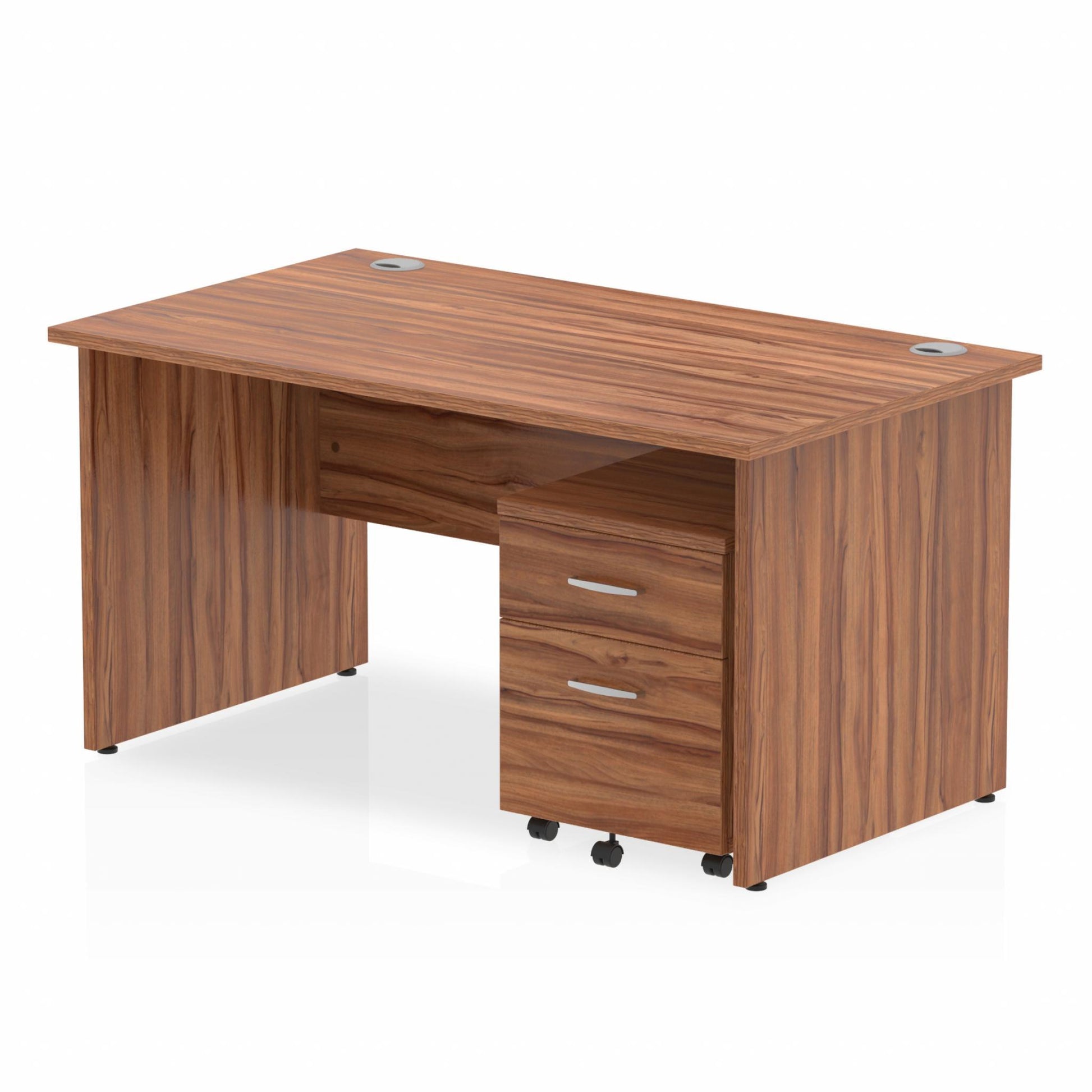 Walnut straight desk with drawers on a white background