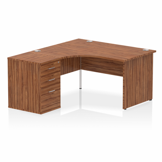 Impulse 1400mm Left Hand Curved Desk Walnut, Wooden Panel Legs inc 3 Drawer Desk High Pedestal Ref I000583 OE