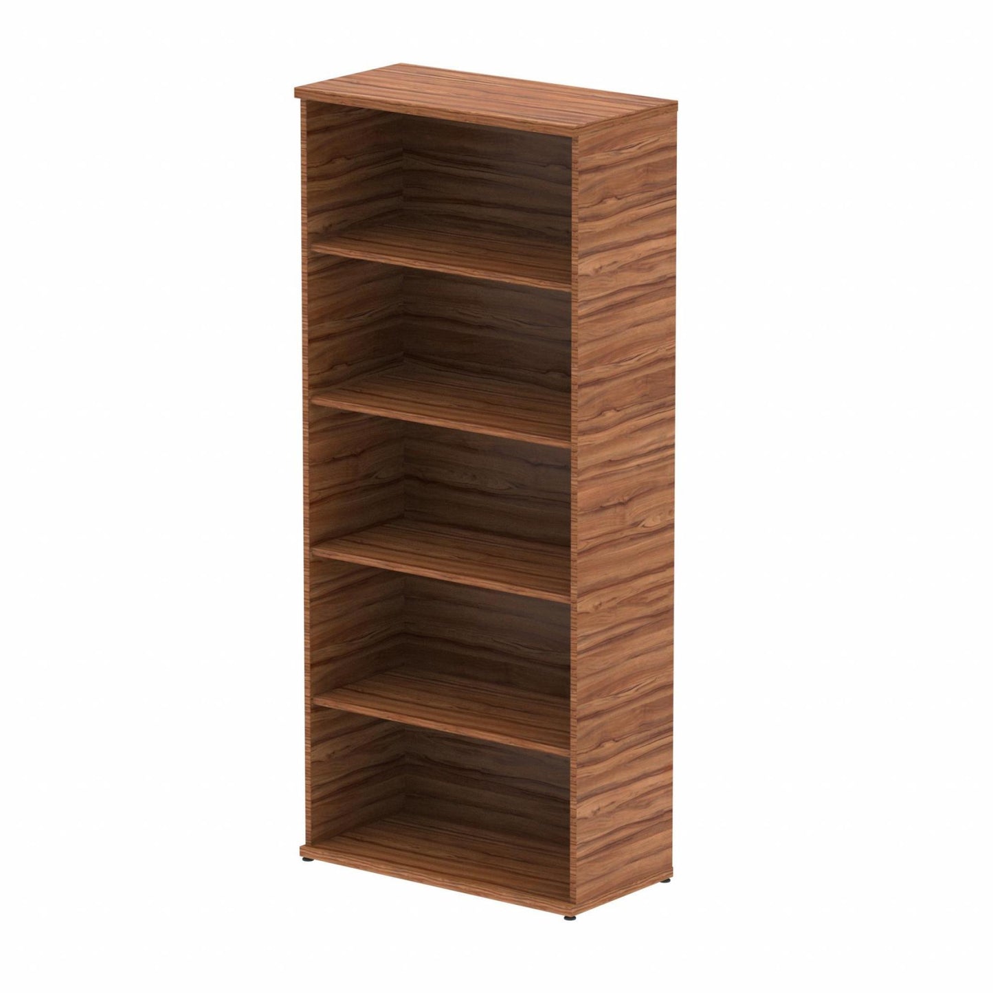 Wooden bookcase with four shelves on a white background